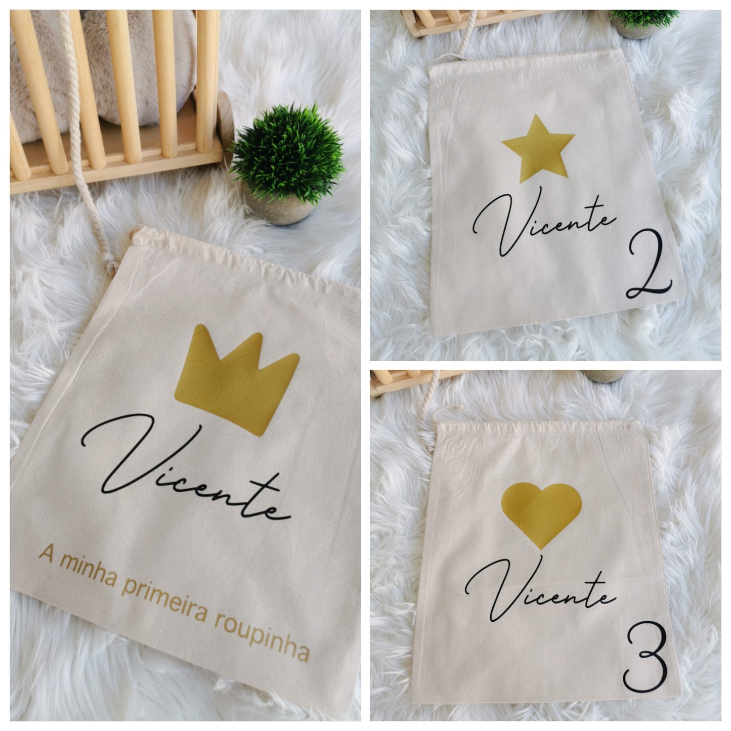 Pack of 3 "First Outfit" Bags - Black &amp; gold (with name)