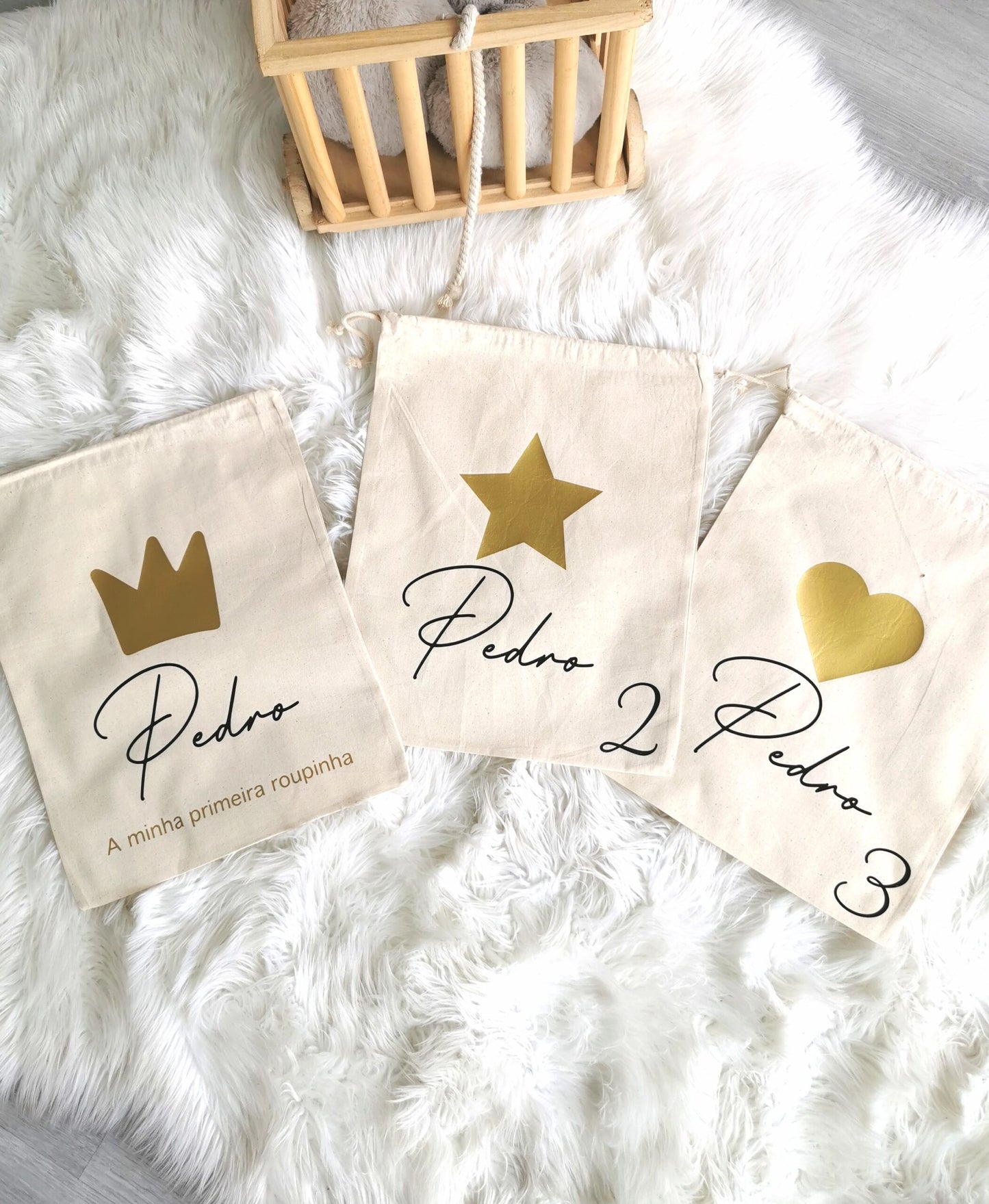 Pack of 3 "First Outfit" Bags - Black &amp; gold (with name)